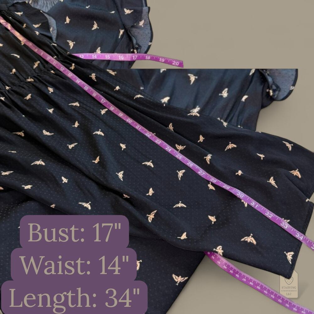 H&M Mama Navy Bird Print Dress | Flutter Sleeve Belted V-Neck | Maternity Small - Picture 8 of 9